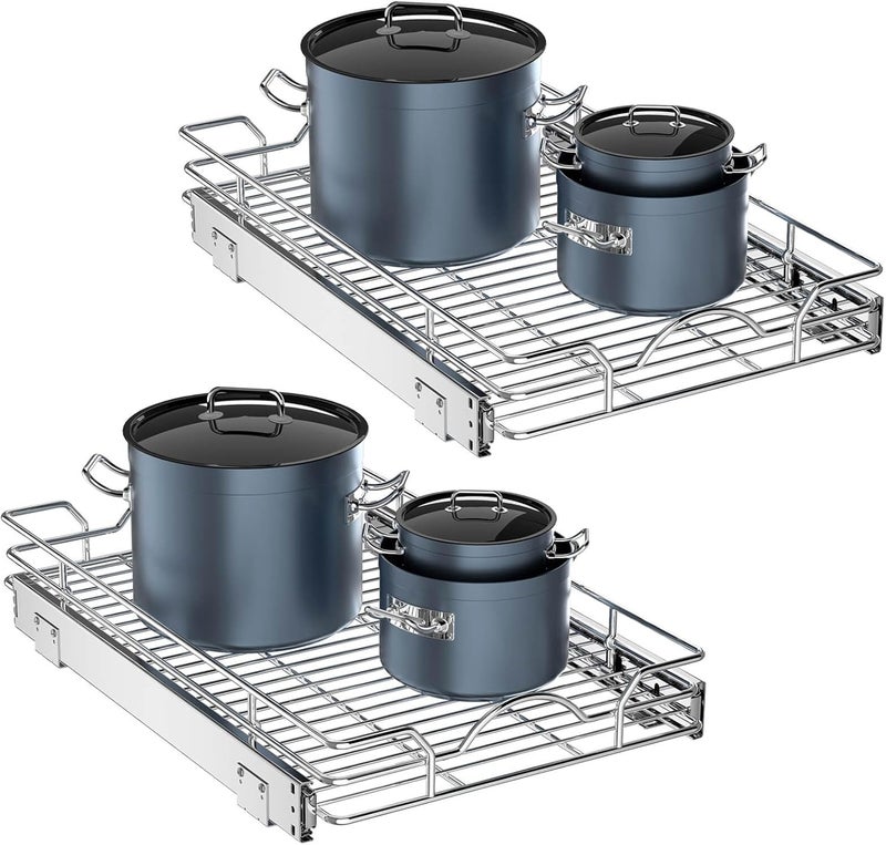 OCG Pull Out Cabinet Organizer 2 Pack (15" W x 21" D), Pull out Shelves 1 Tier, Cabinet Slide Out Shelves for Base Cabinet Organization in Kitchen Bathroom Pantry, Bottom Mount, Chrome Finish - Image 1